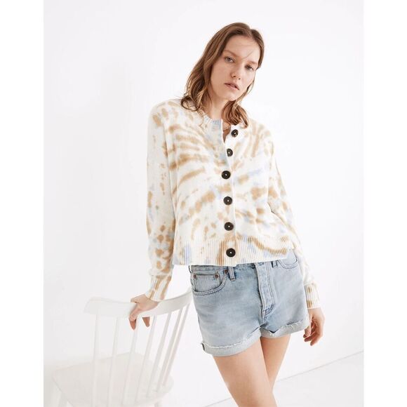 NWOT Tie-Dye Broadway Cardigan Sweater size XXS Button Front Tan Cream Blue - Picture 1 of 10